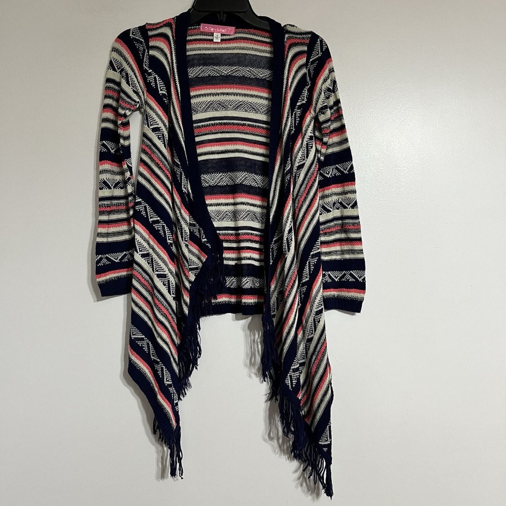 Say What Oversize Open Front Fringe Striped Cardigan Size‎ Medium Pink & Blue